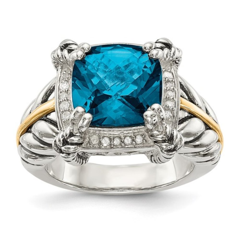 925 Sterling Silver with 14K Accent Antiqued London Blue Topaz and Diamond Ring